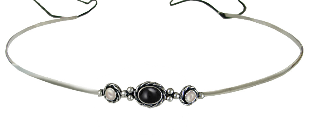 Sterling Silver Renaissance Style Headpiece Circlet Tiara With Black Onyx And Cultured Freshwater Pearl